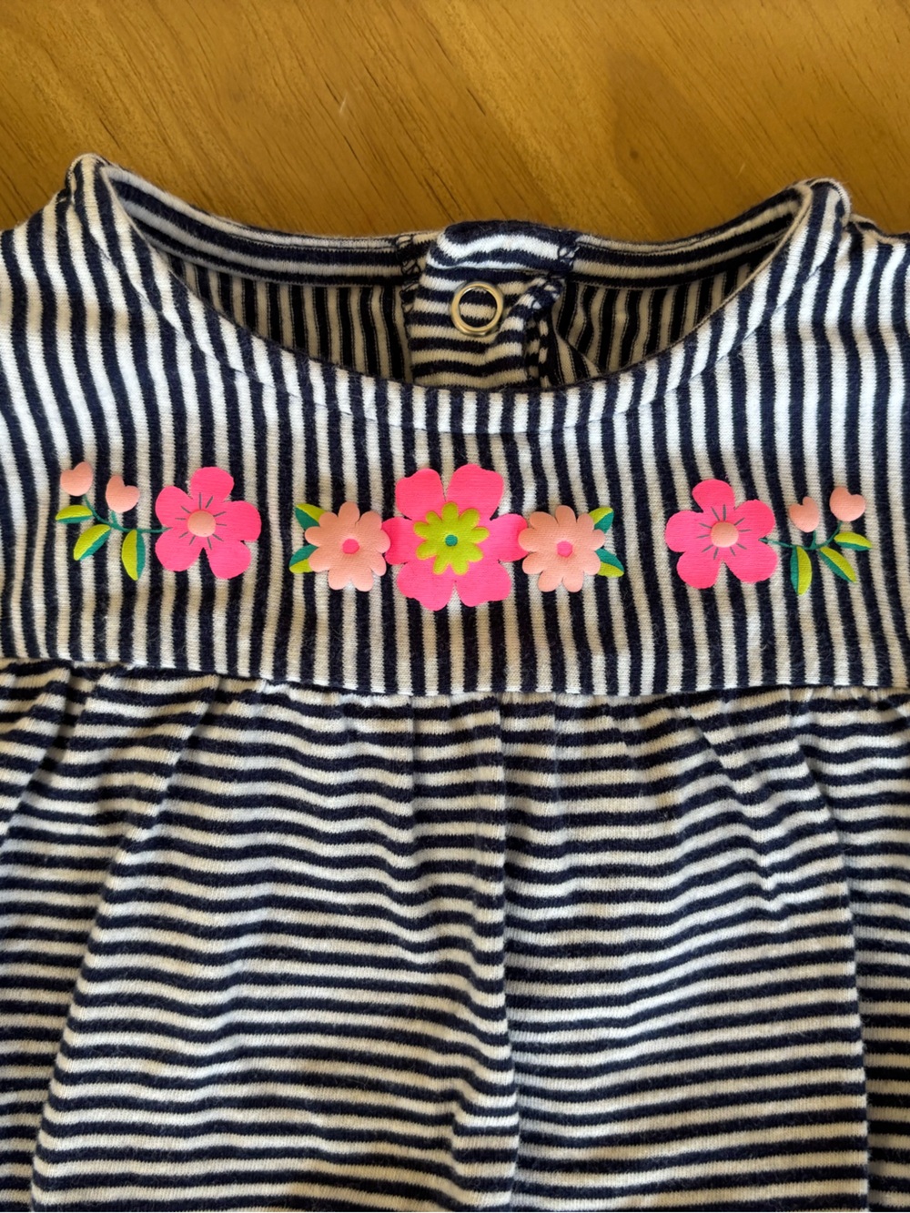 Striped Navy & White Kids Dress with Pink Floral Trim